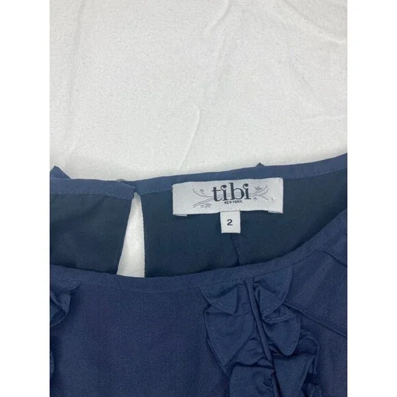 TIBI Dress Women Size 2 Navy Blue 100% Silk Long Sleeve Ruffle Detail Keyhole - Picture 2 of 5